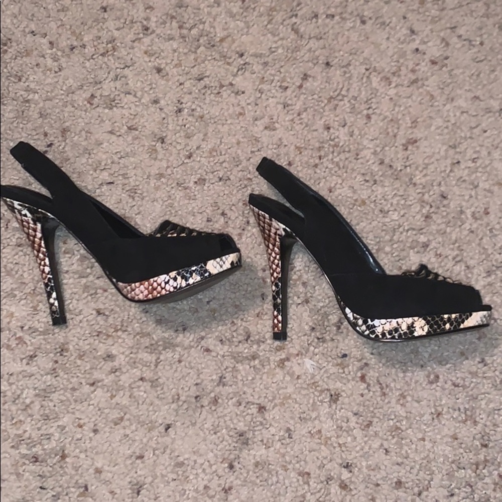 BCBG Suede/snakeskin sling back peep toe heels